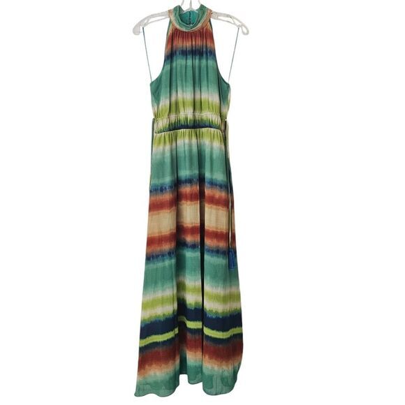 Taylor NWT Printed Chiffon Mock Neck Sleeveless Gathered Maxi Dress Rust Teal 6 - Picture 1 of 10